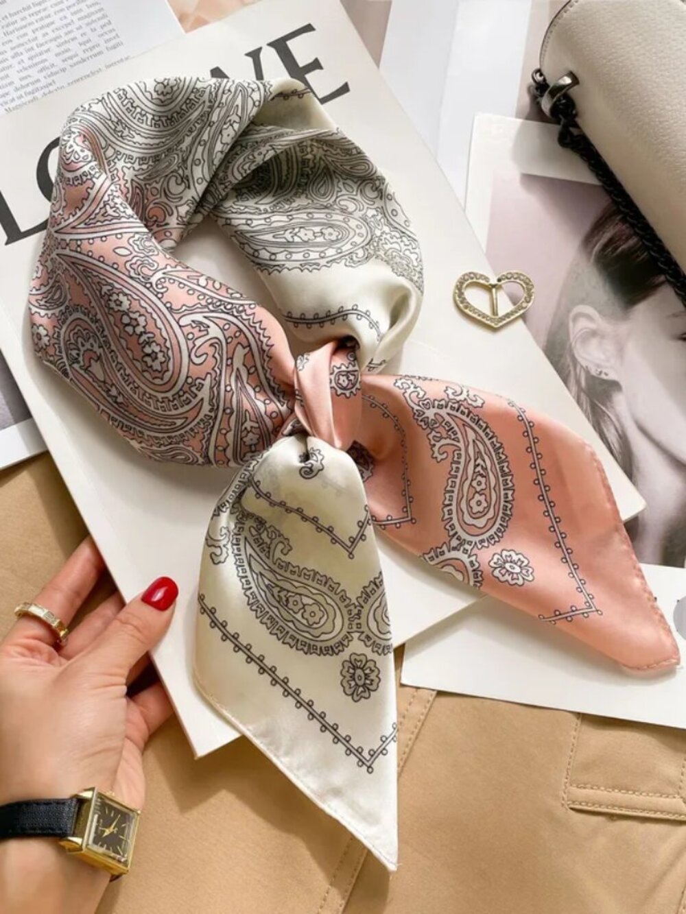 2/$30 Pink & Cream Paisley Satin Silk Feel Square Scarf 70cm Small Neckerchief